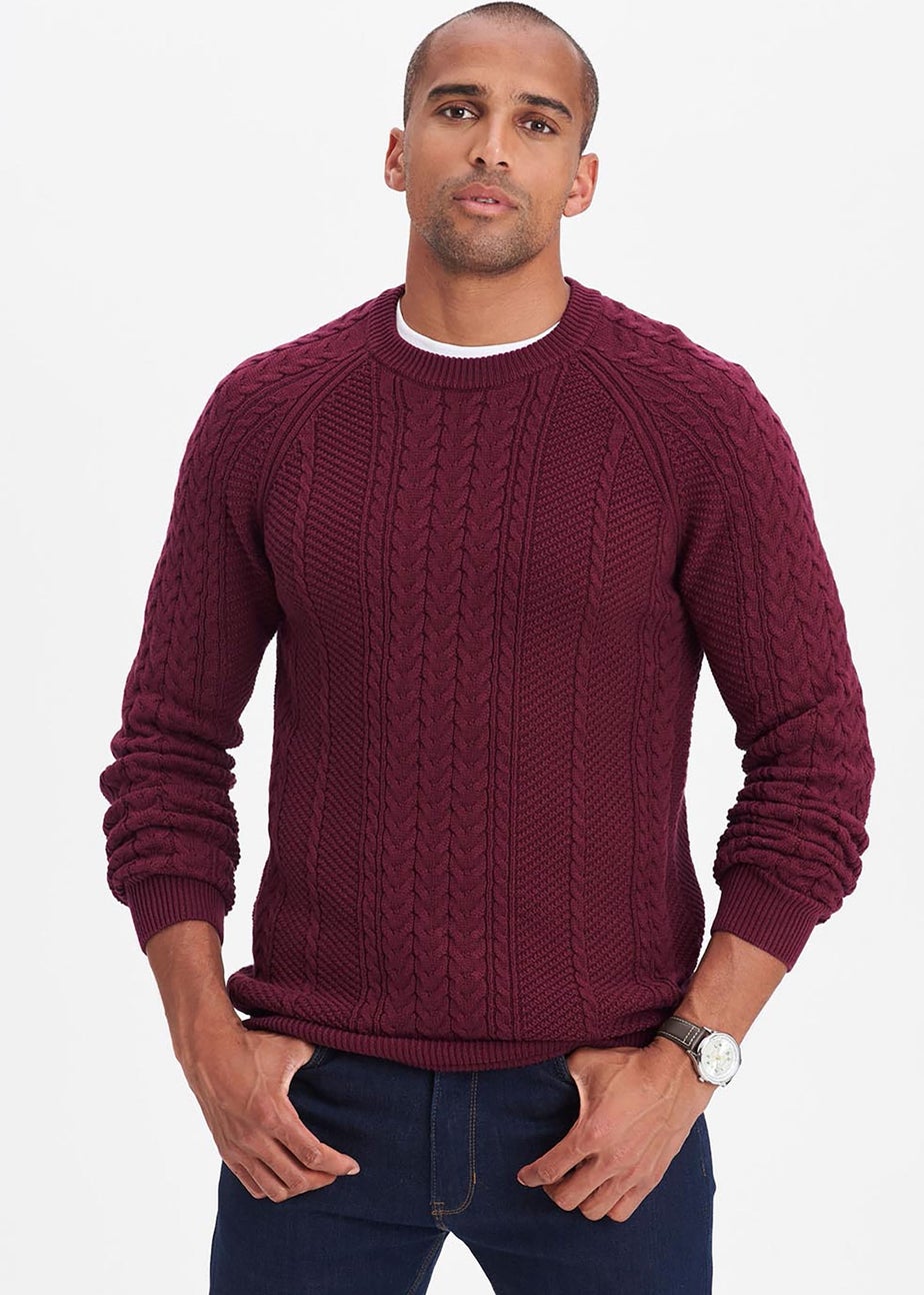 Cotton Traders Burgundy Cotton Textured Cable Crew Neck Jumper