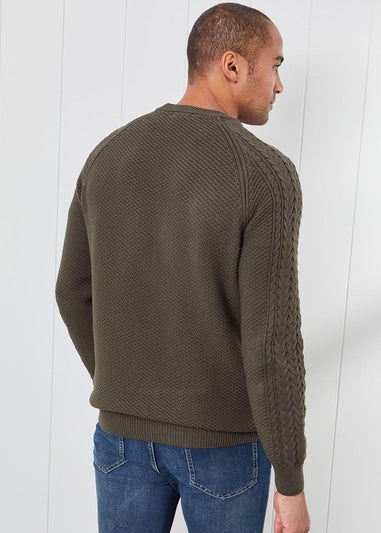 Cotton Traders Dark Khaki Cotton Textured Cable Crew Neck Jumper