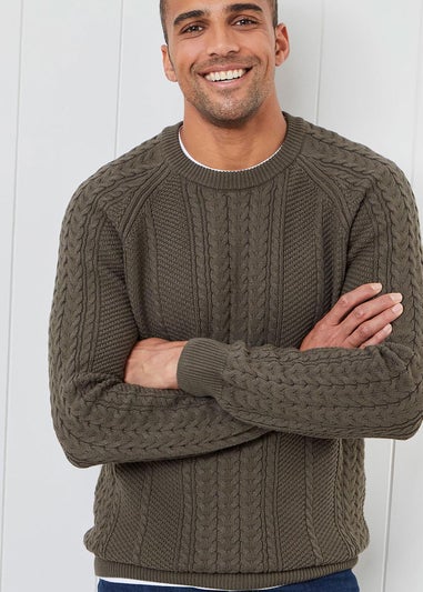 Cotton Traders Dark Khaki Cotton Textured Cable Crew Neck Jumper