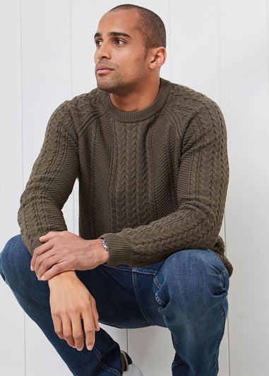 Cotton Traders Dark Khaki Cotton Textured Cable Crew Neck Jumper