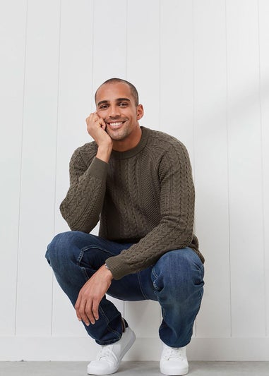 Cotton Traders Dark Khaki Cotton Textured Cable Crew Neck Jumper