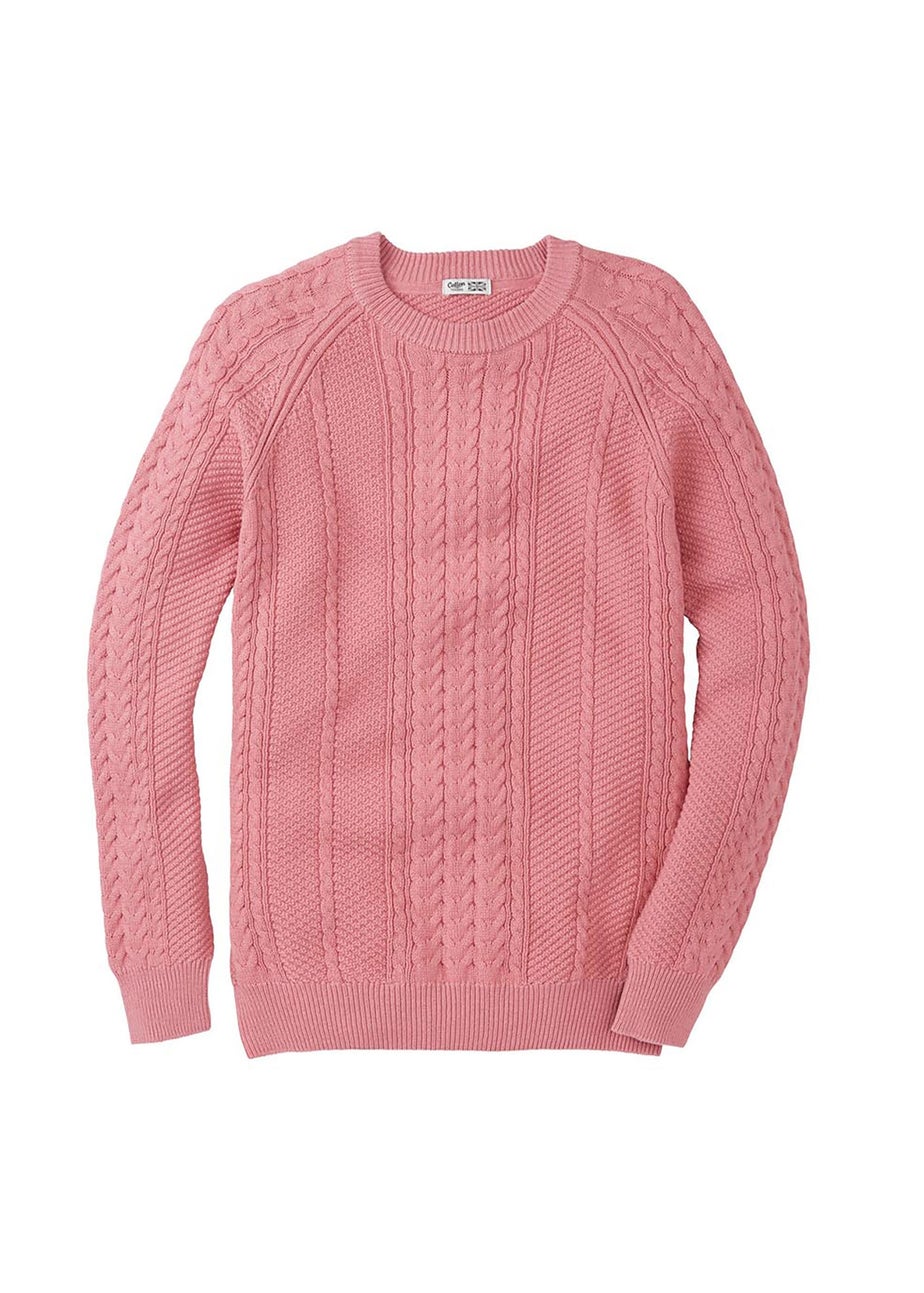 Cotton Traders Dusty Pink Cotton Textured Cable Crew Neck Jumper