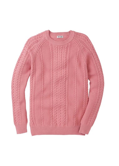 Cotton Traders Dusty Pink Cotton Textured Cable Crew Neck Jumper