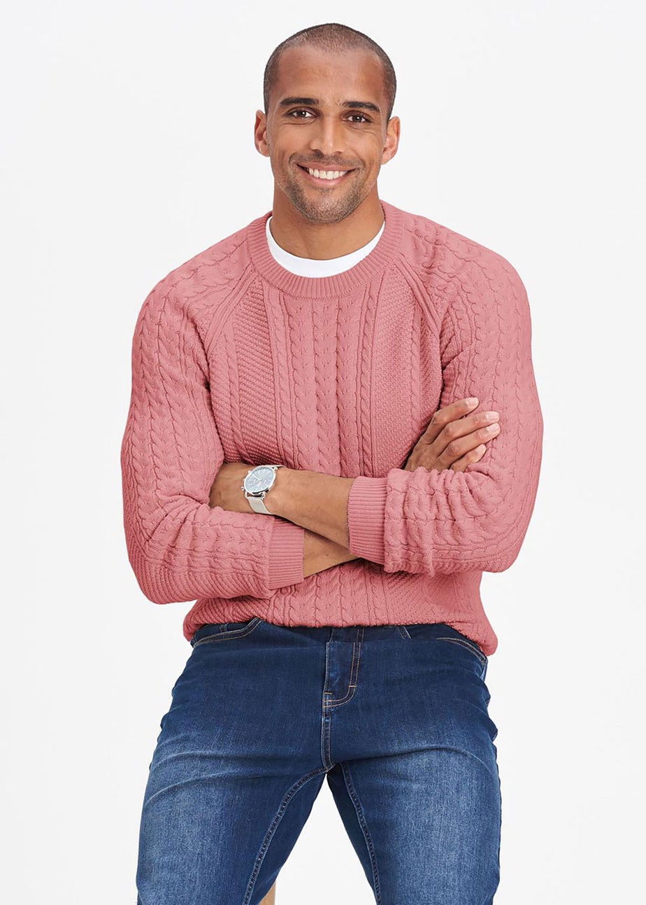 Cotton Traders Dusty Pink Cotton Textured Cable Crew Neck Jumper