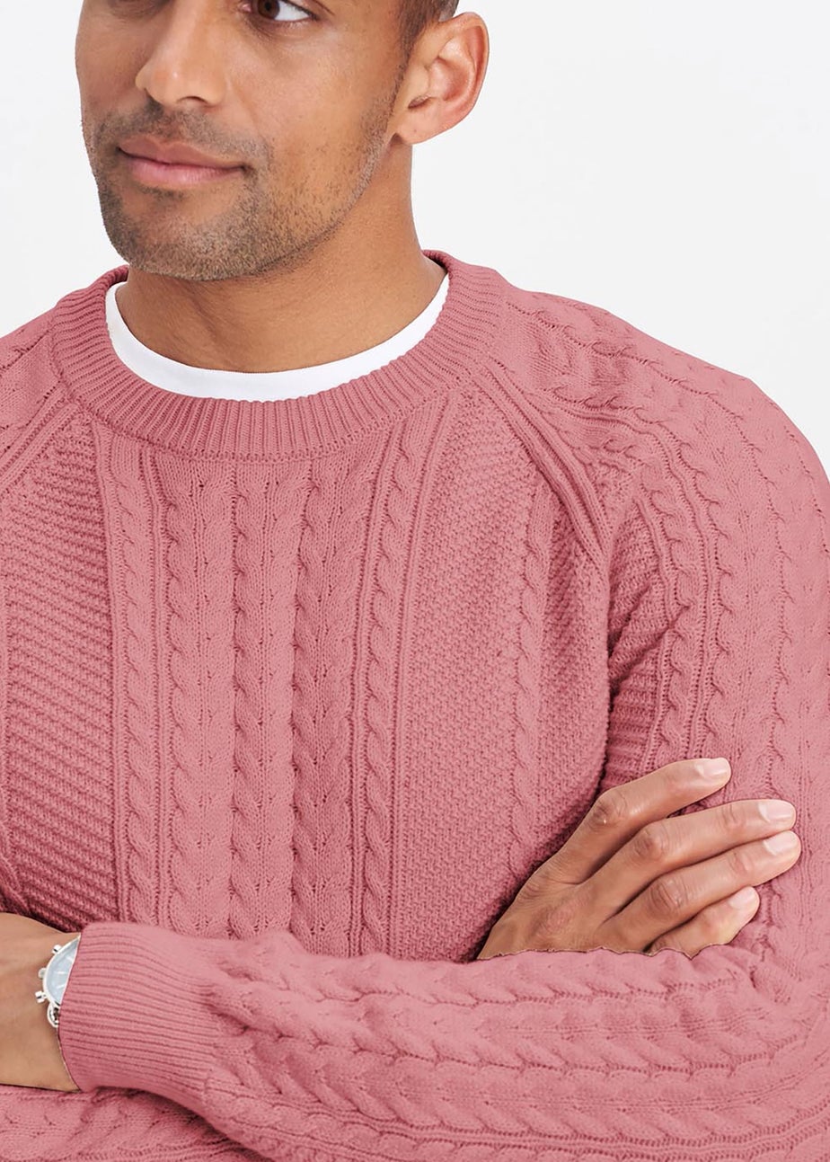 Cotton Traders Dusty Pink Cotton Textured Cable Crew Neck Jumper