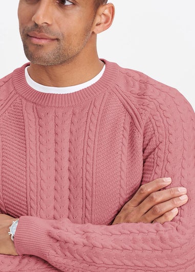 Cotton Traders Dusty Pink Cotton Textured Cable Crew Neck Jumper