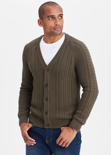 Cotton Traders Dark Khaki Cotton Textured Cable Button Through Cardigan