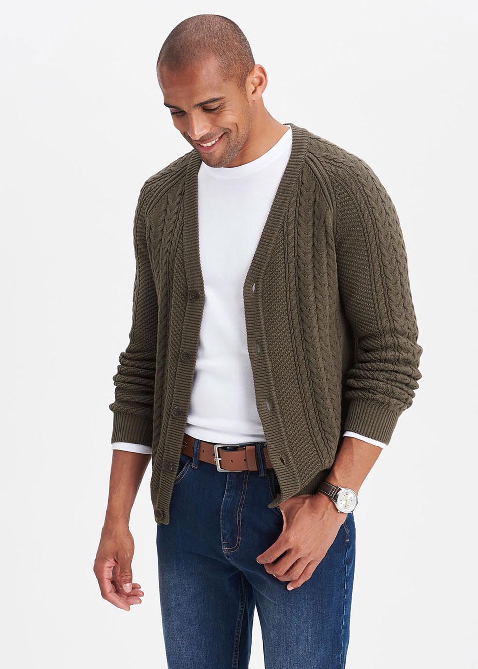 Cotton Traders Dark Khaki Cotton Textured Cable Button Through Cardigan