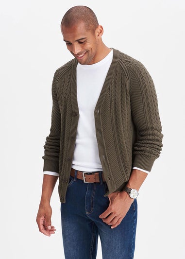 Cotton Traders Dark Khaki Cotton Textured Cable Button Through Cardigan