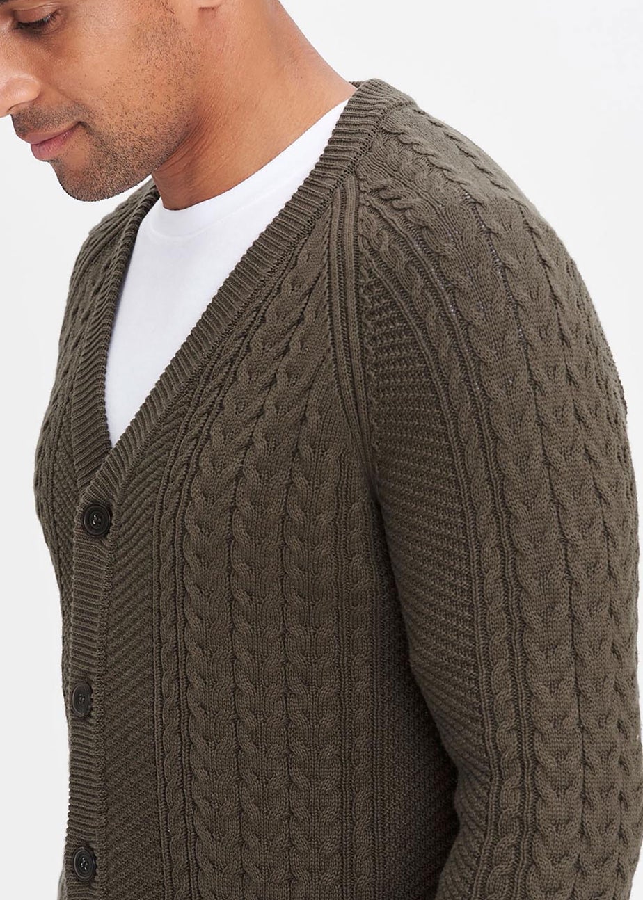 Cotton Traders Dark Khaki Cotton Textured Cable Button Through Cardigan