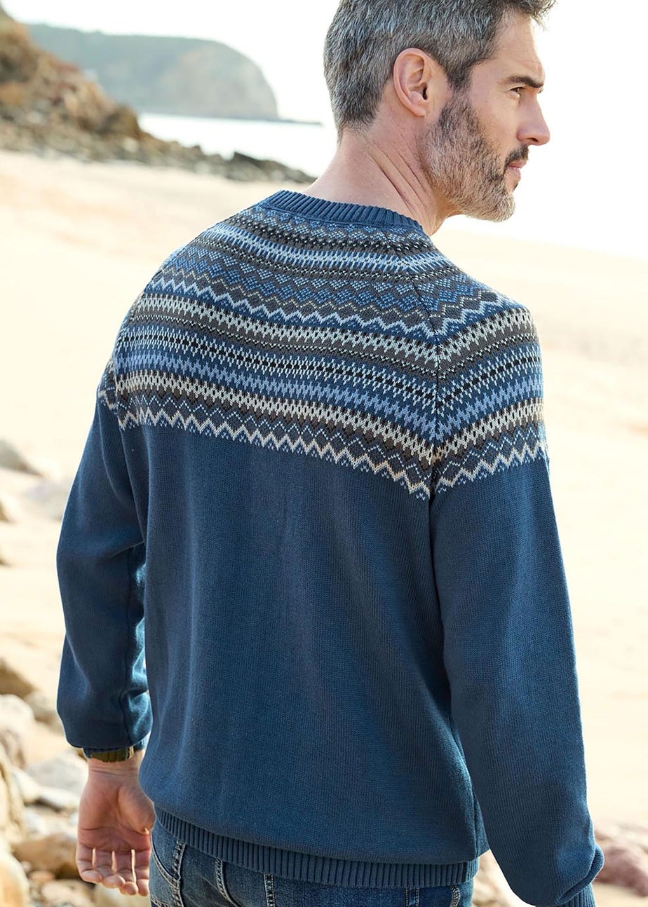 Cotton Traders Petrol Cotton Fair Isle Crew Neck Jumper