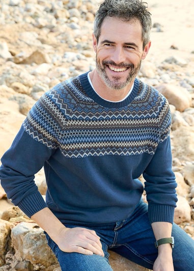 Cotton Traders Petrol Cotton Fair Isle Crew Neck Jumper