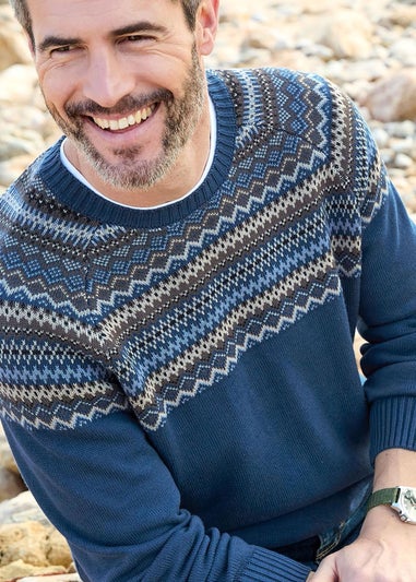 Cotton Traders Petrol Cotton Fair Isle Crew Neck Jumper