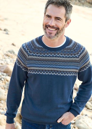 Cotton Traders Petrol Cotton Fair Isle Crew Neck Jumper