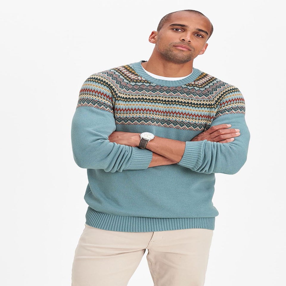 Cotton Traders Duck Egg Cotton Fair Isle Crew Neck Jumper