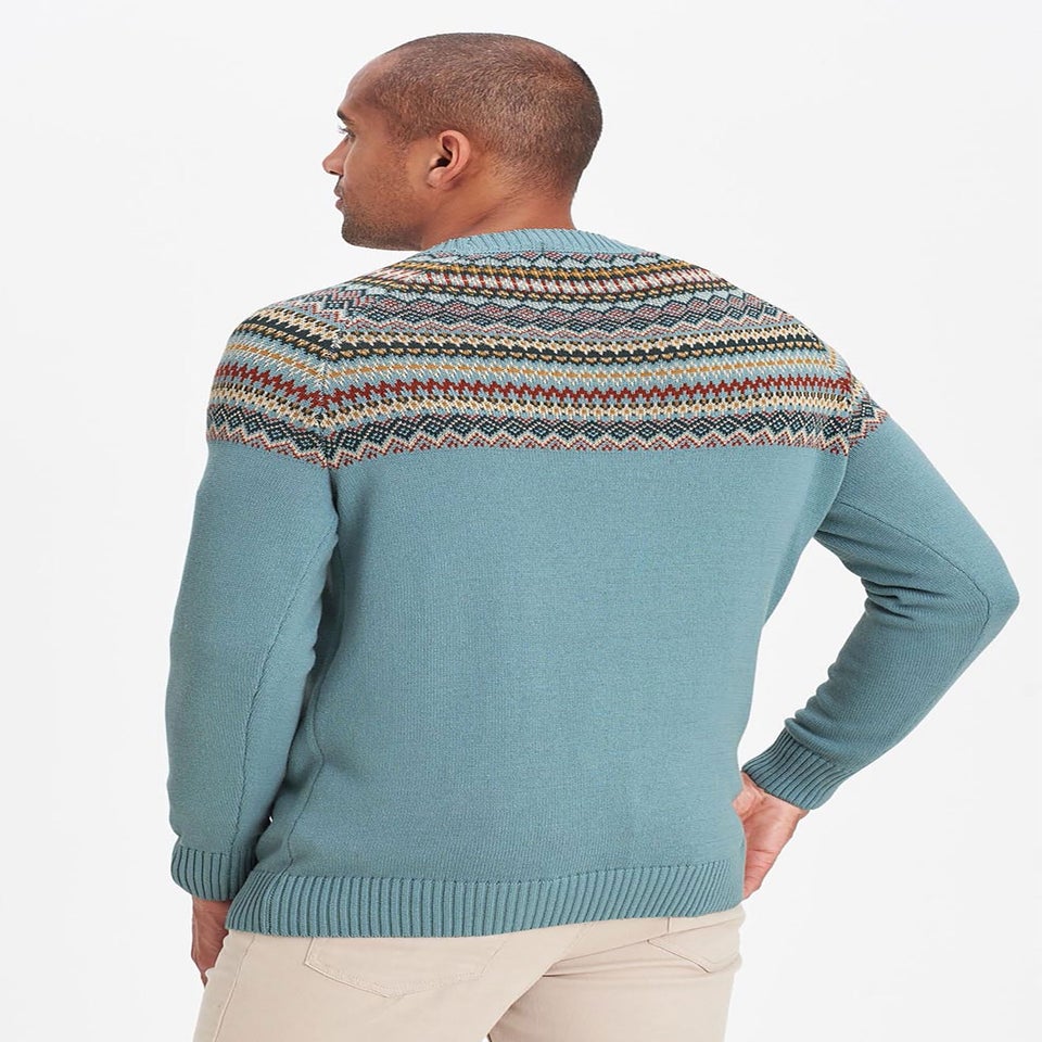 Cotton Traders Duck Egg Cotton Fair Isle Crew Neck Jumper