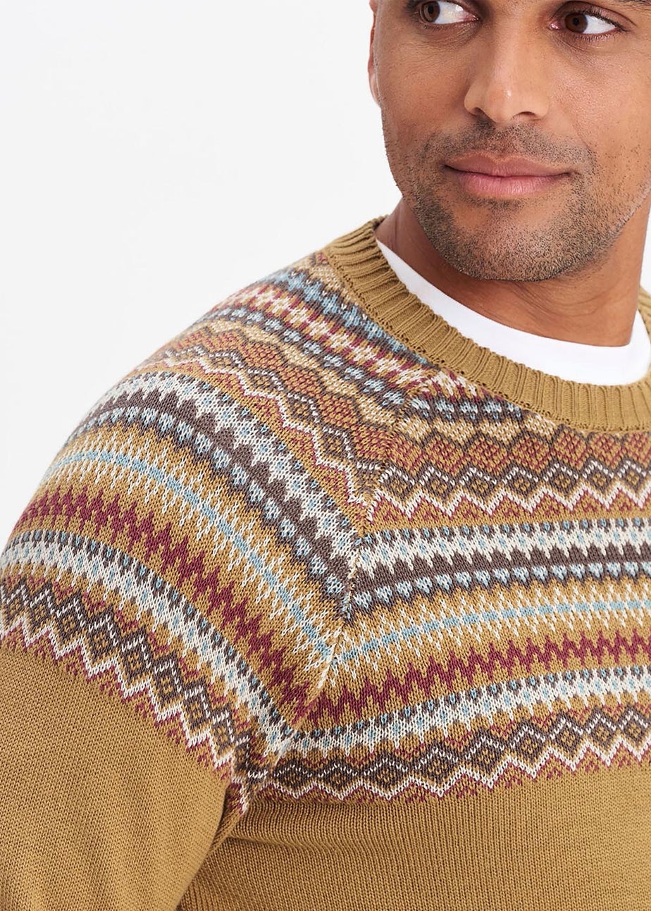 Cotton Traders Yellow Gold Cotton Fair Isle Crew Neck Jumper