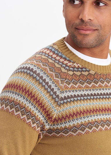Cotton Traders Yellow Gold Cotton Fair Isle Crew Neck Jumper