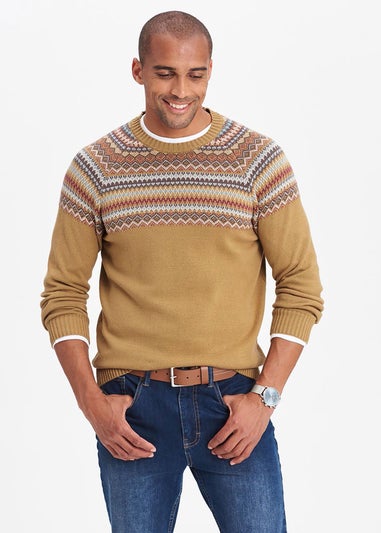 Cotton Traders Yellow Gold Cotton Fair Isle Crew Neck Jumper