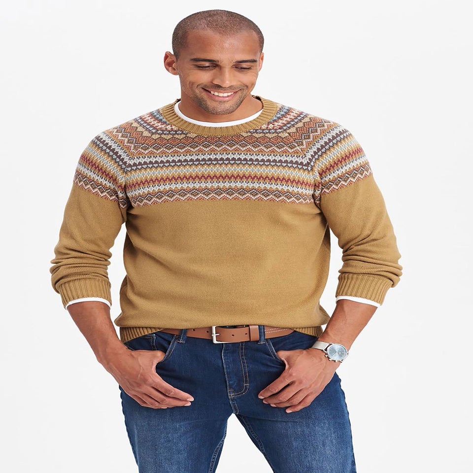 Cotton Traders Yellow Gold Cotton Fair Isle Crew Neck Jumper