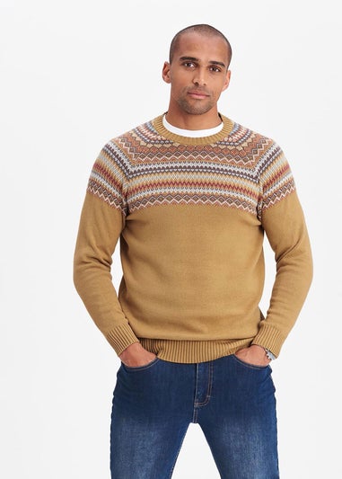 Cotton Traders Yellow Gold Cotton Fair Isle Crew Neck Jumper