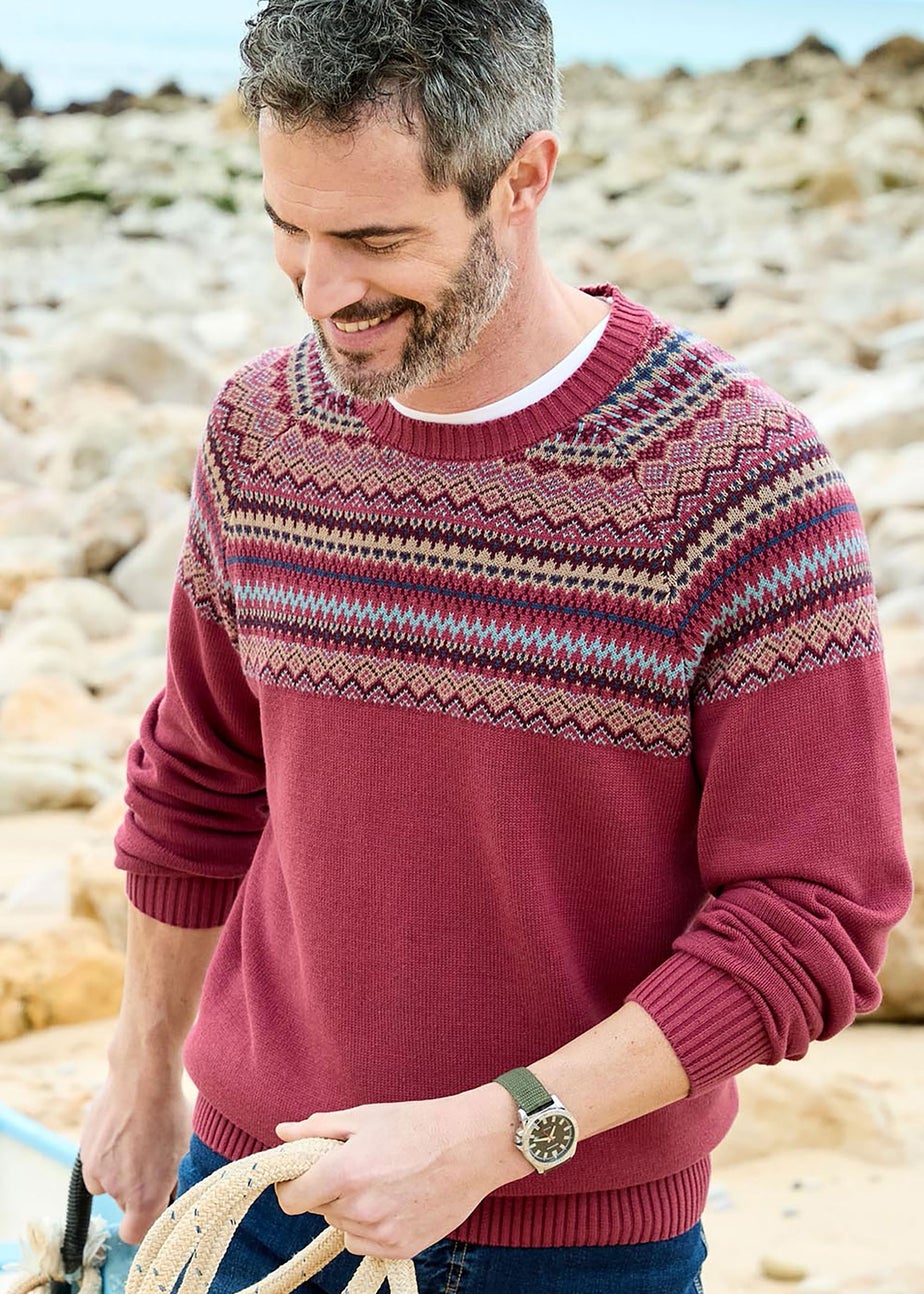 Cotton Traders Light Berry Cotton Fair Isle Crew Neck Jumper