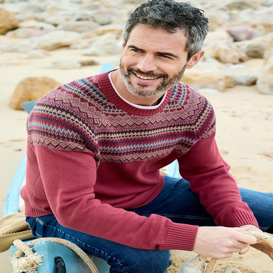 Cotton Traders Light Berry Cotton Fair Isle Crew Neck Jumper