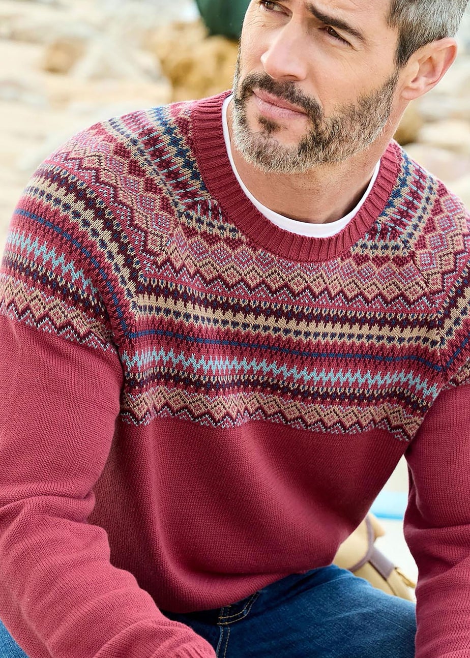 Cotton Traders Light Berry Cotton Fair Isle Crew Neck Jumper