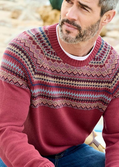 Cotton Traders Light Berry Cotton Fair Isle Crew Neck Jumper