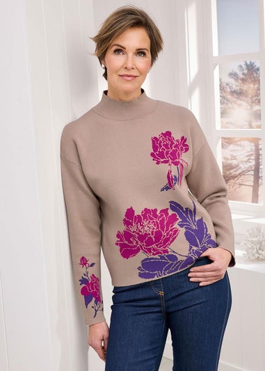 Cotton Traders Light Pebble Floral Jacquard Jumper