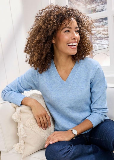 Cotton Traders Sky Blue Fine Knit V-Neck Jumper