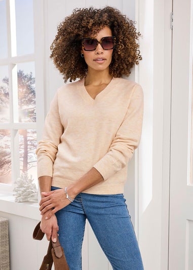 Cotton Traders Parchment Fine Knit V-Neck Jumper