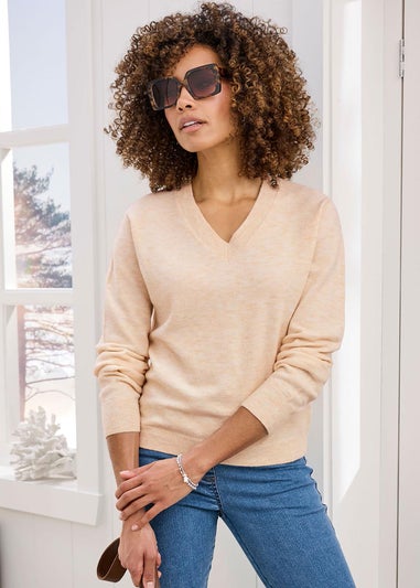 Cotton Traders Parchment Fine Knit V-Neck Jumper