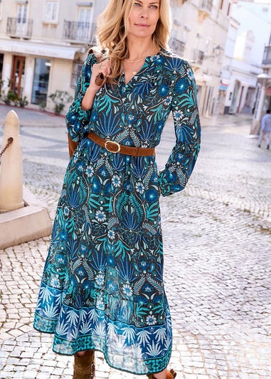 Cotton Traders Forest Green Tiered Long Sleeve Maxi Dress