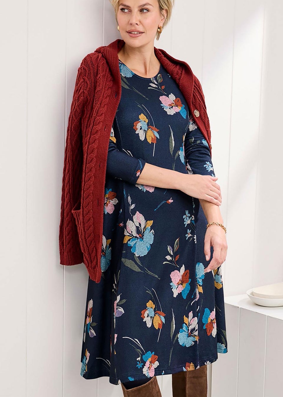 Cotton Traders Navy Soft Touch Jersey Knee Length Swing Dress