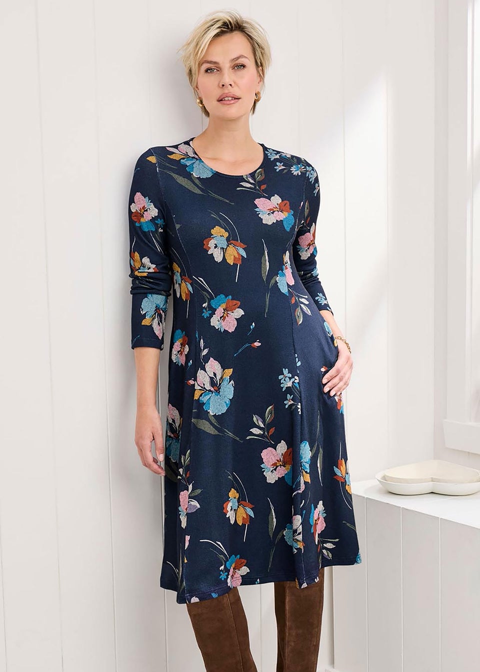 Cotton Traders Navy Soft Touch Jersey Knee Length Swing Dress