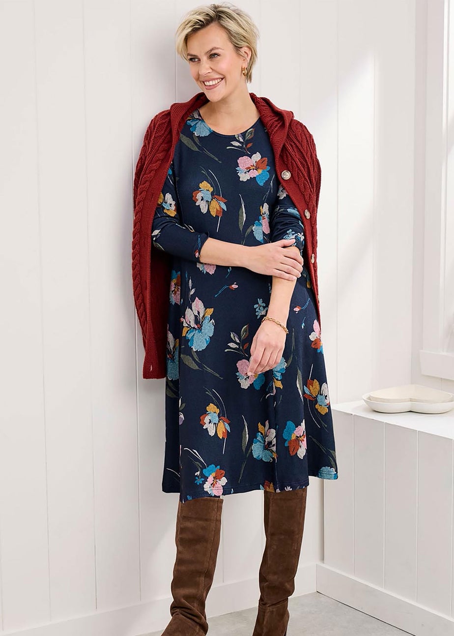 Cotton Traders Navy Soft Touch Jersey Knee Length Swing Dress