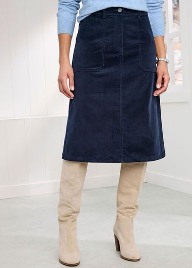 Cotton Traders Navy Stretch Cord Midi Skirt