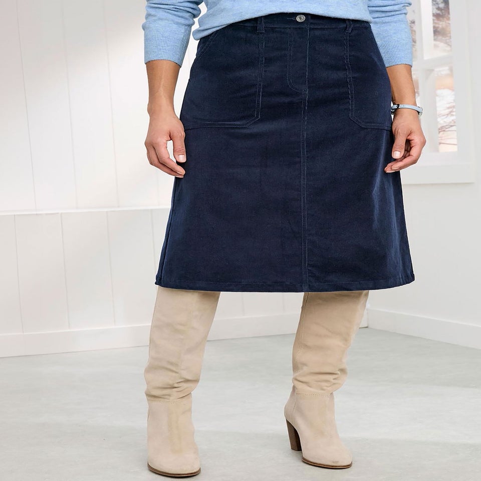 Cotton Traders Navy Stretch Cord Midi Skirt