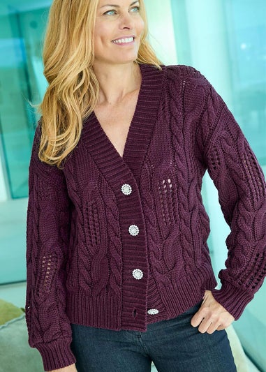 Cotton Traders Bordeaux Jewel Button Cable Cardigan