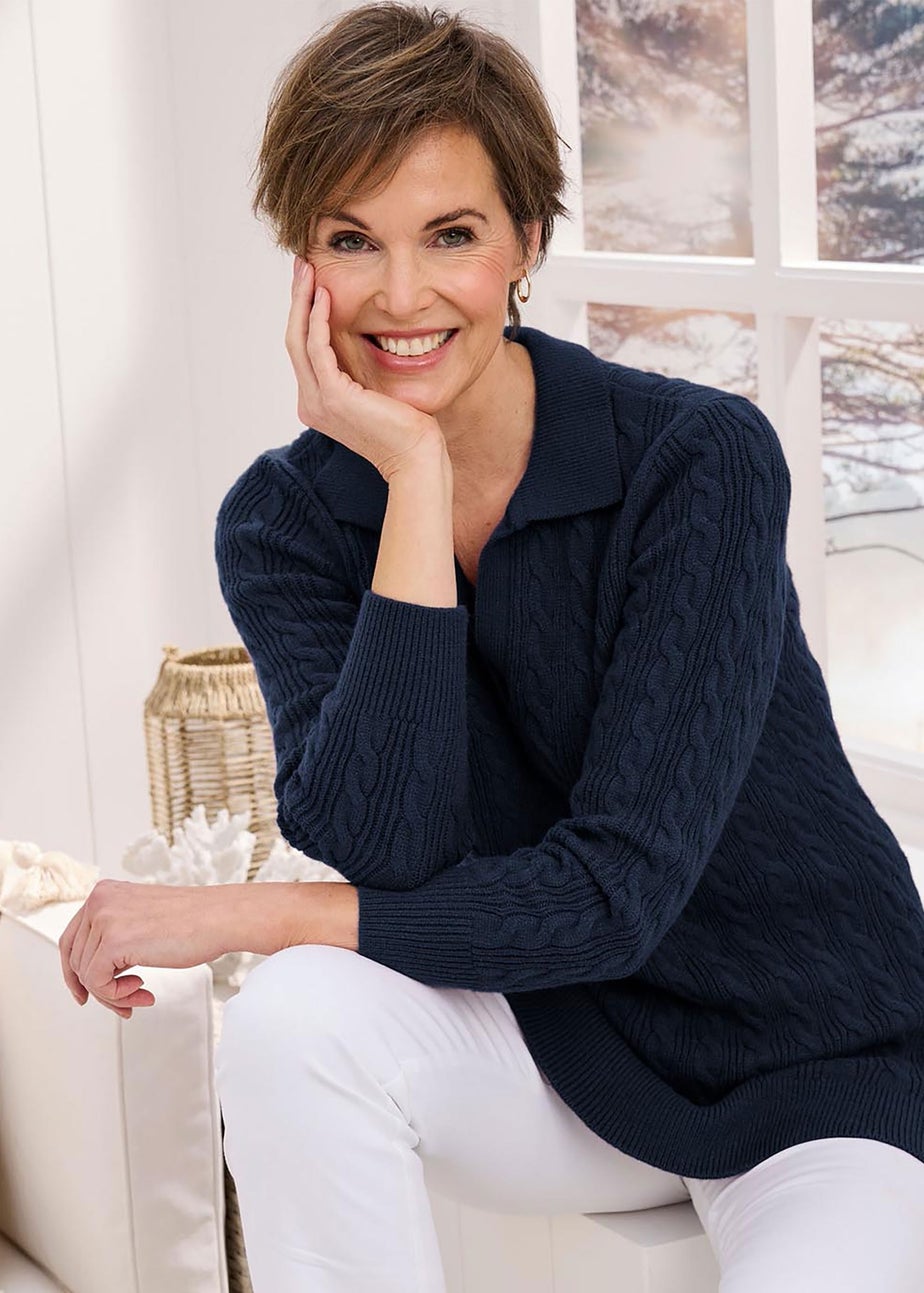 Cotton Traders Navy Cutest Cable Collared Tunic Jumper