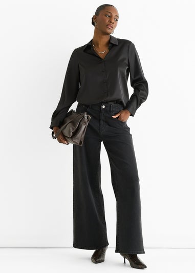 Gini London Black Satin Loose Fit Button Through Shirt