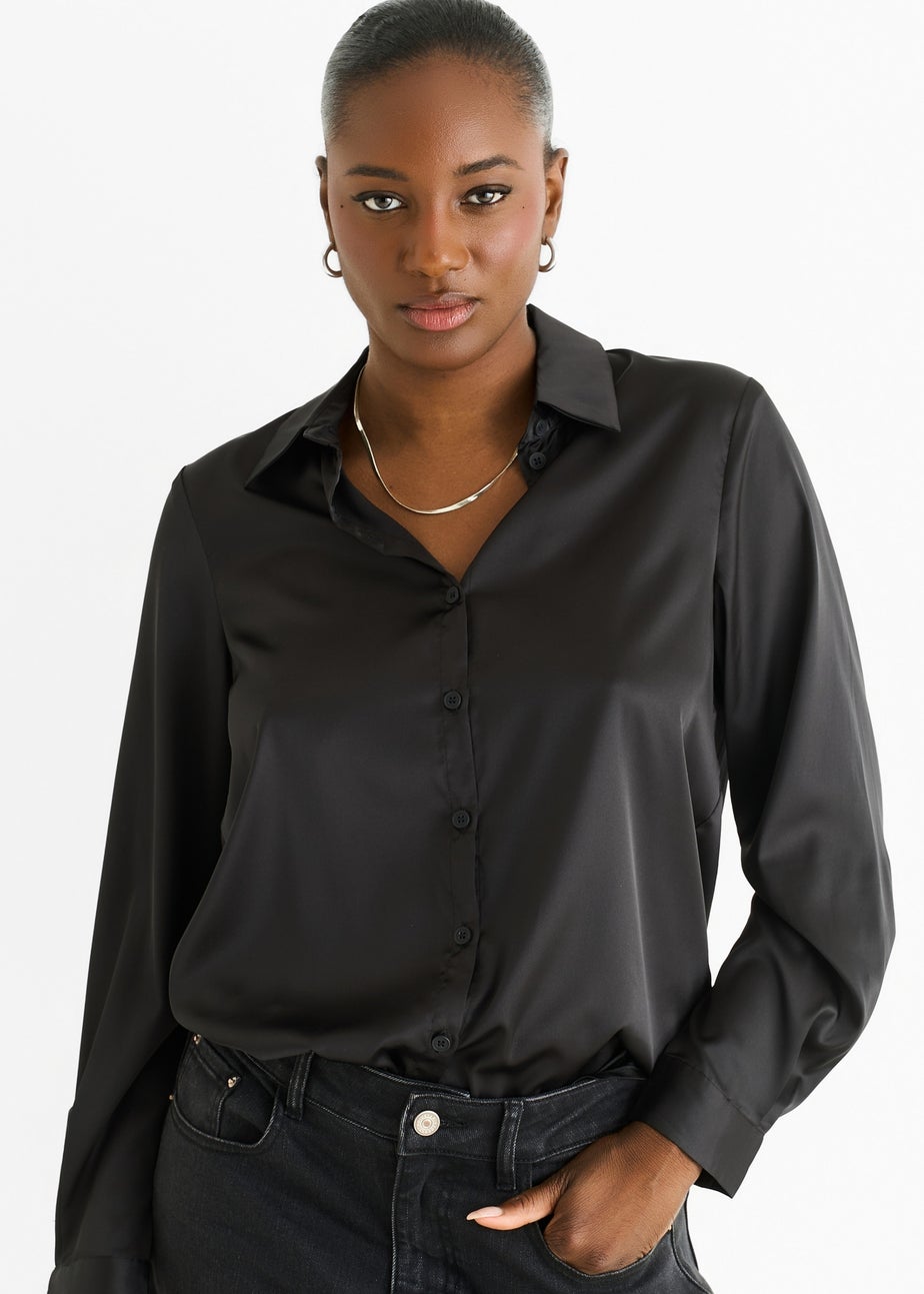 Gini London Black Satin Loose Fit Button Through Shirt