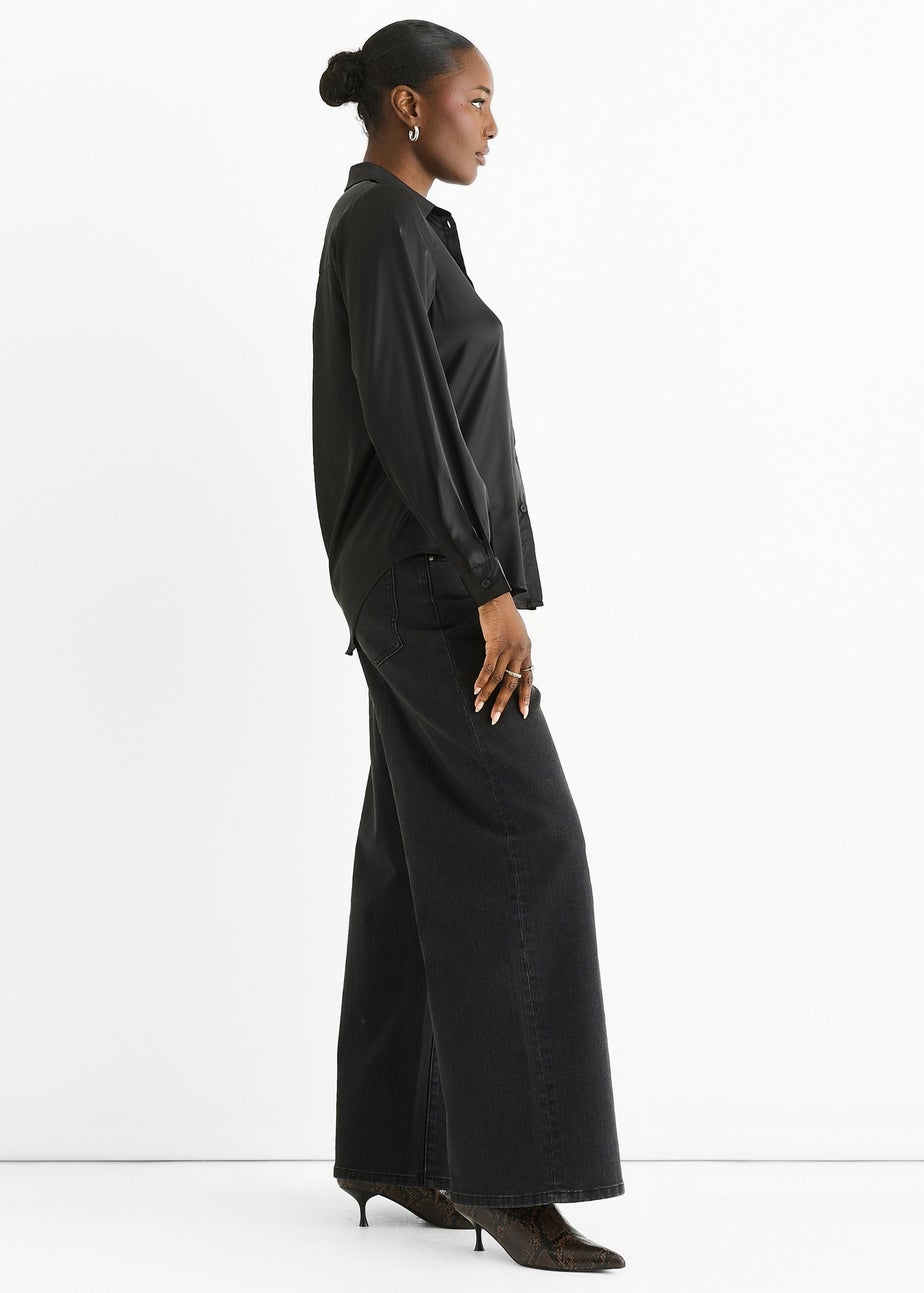 Gini London Black Satin Loose Fit Button Through Shirt