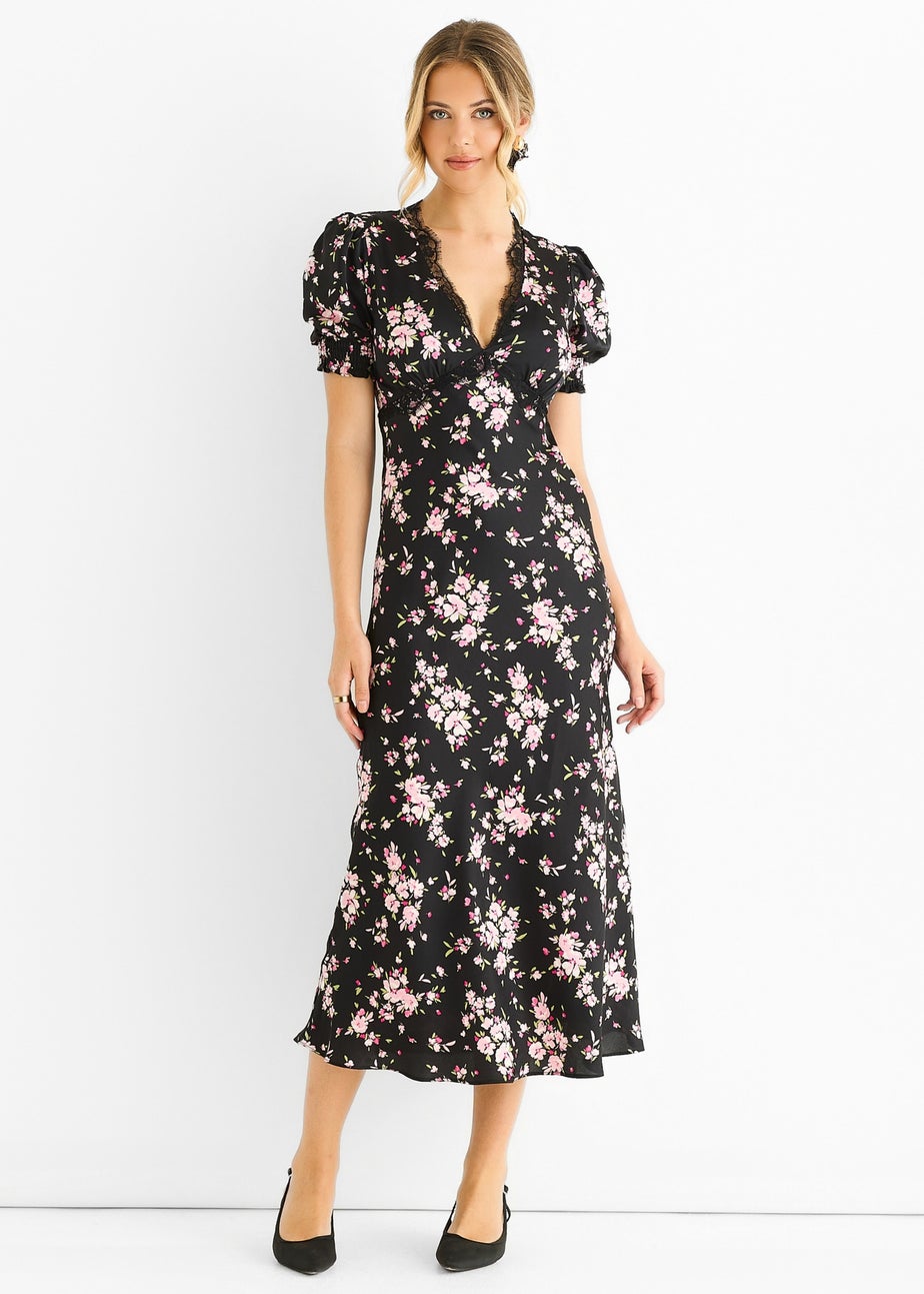 Gini London Black Floral Lace Trim Bias Midi Dress