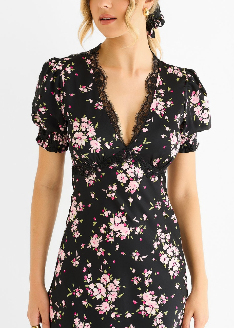 Gini London Black Floral Lace Trim Bias Midi Dress