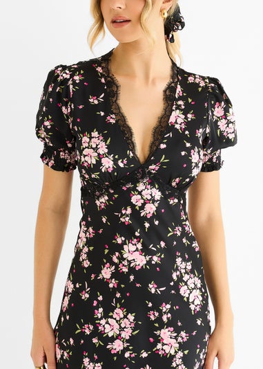 Gini London Black Floral Lace Trim Bias Midi Dress