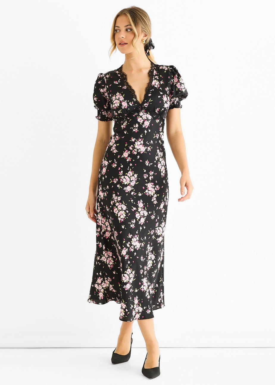 Gini London Black Floral Lace Trim Bias Midi Dress