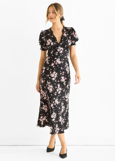 Gini London Black Floral Lace Trim Bias Midi Dress