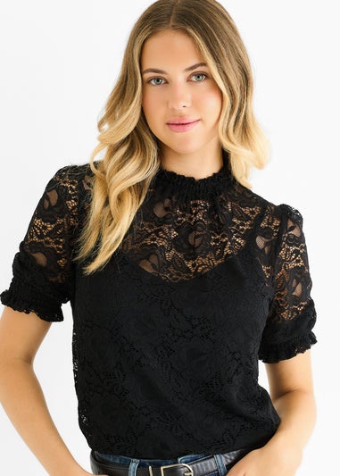 Gini London Black High Neck Lace Loose Fit Blouse